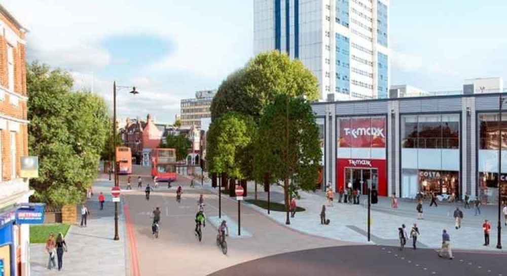 An artist's impression of a pedestrianised town centre following the removal of the one-way system. Credit: Provided by Wandsworth Council An artist's impression of a pedestrianised town centre following the removal of the one-way system. Credit: Provided by Wandsworth Council