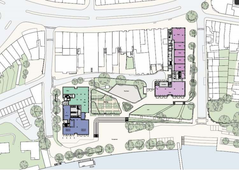 Master plan. New Wharf Lane building on the left has a gastropub fronting the river and offices on ground floor with flats above. Water Lane building on right has café and shops on ground floor with flats above.