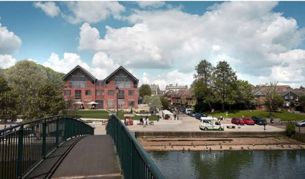 View of Water Lane building from Eel Pie Island bridge.