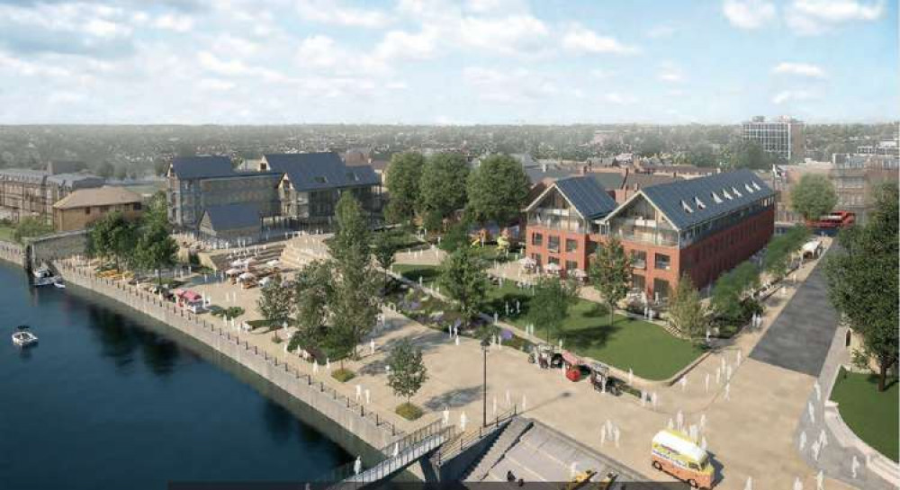 Aerial view shows the new lay-out with space for public events along the new river promenade.