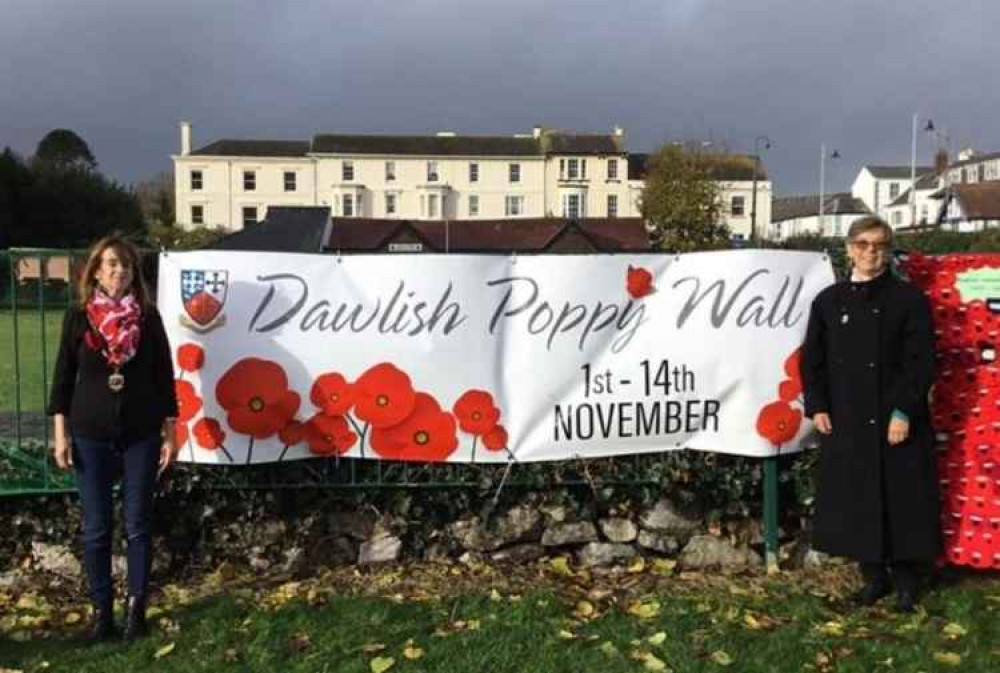 The mayor Alison Foden, left, at the poppy wall. Picture: Dawlish Town Council