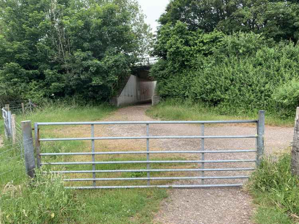 Go through a metal gate and under a road bridge