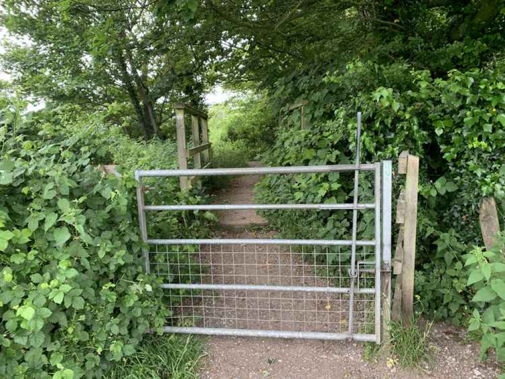 Go through a metal gate over a small wooden bridge