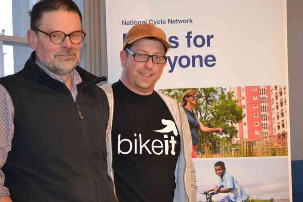 The Sustrans team, Sam Widdows (right) and Adam Oakley at the Town Hall