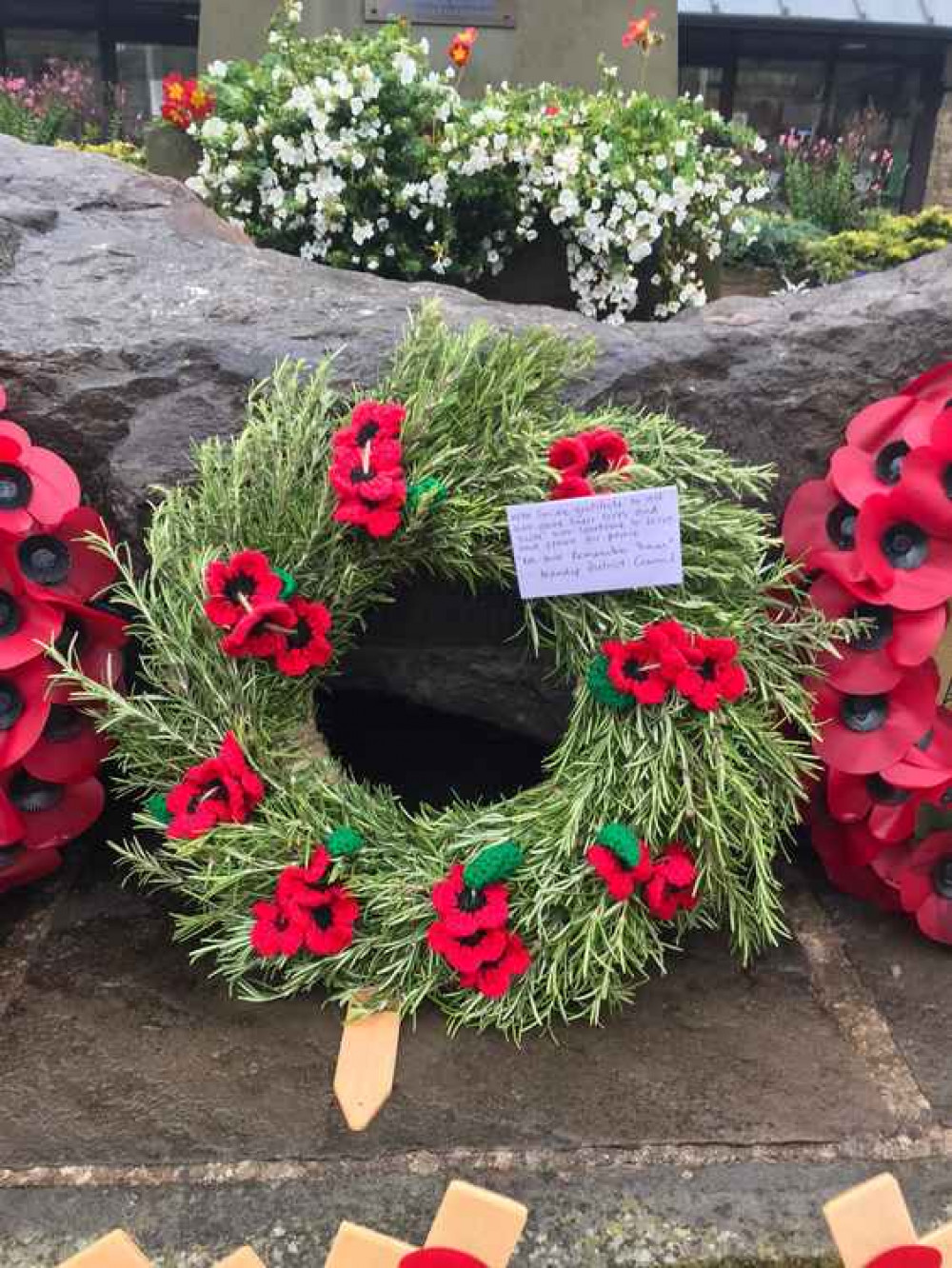 "With our sincere gratitude to all who gave their lives"  - Wreath laid at Frome Memorial by Cllr. Helen Sprawson-White who represents Frome