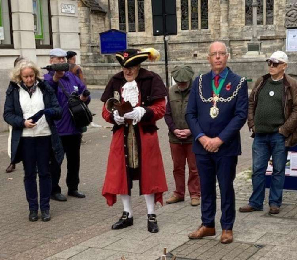 Dorchester mayor Gareth Jones with town crier Alistair Chisholm