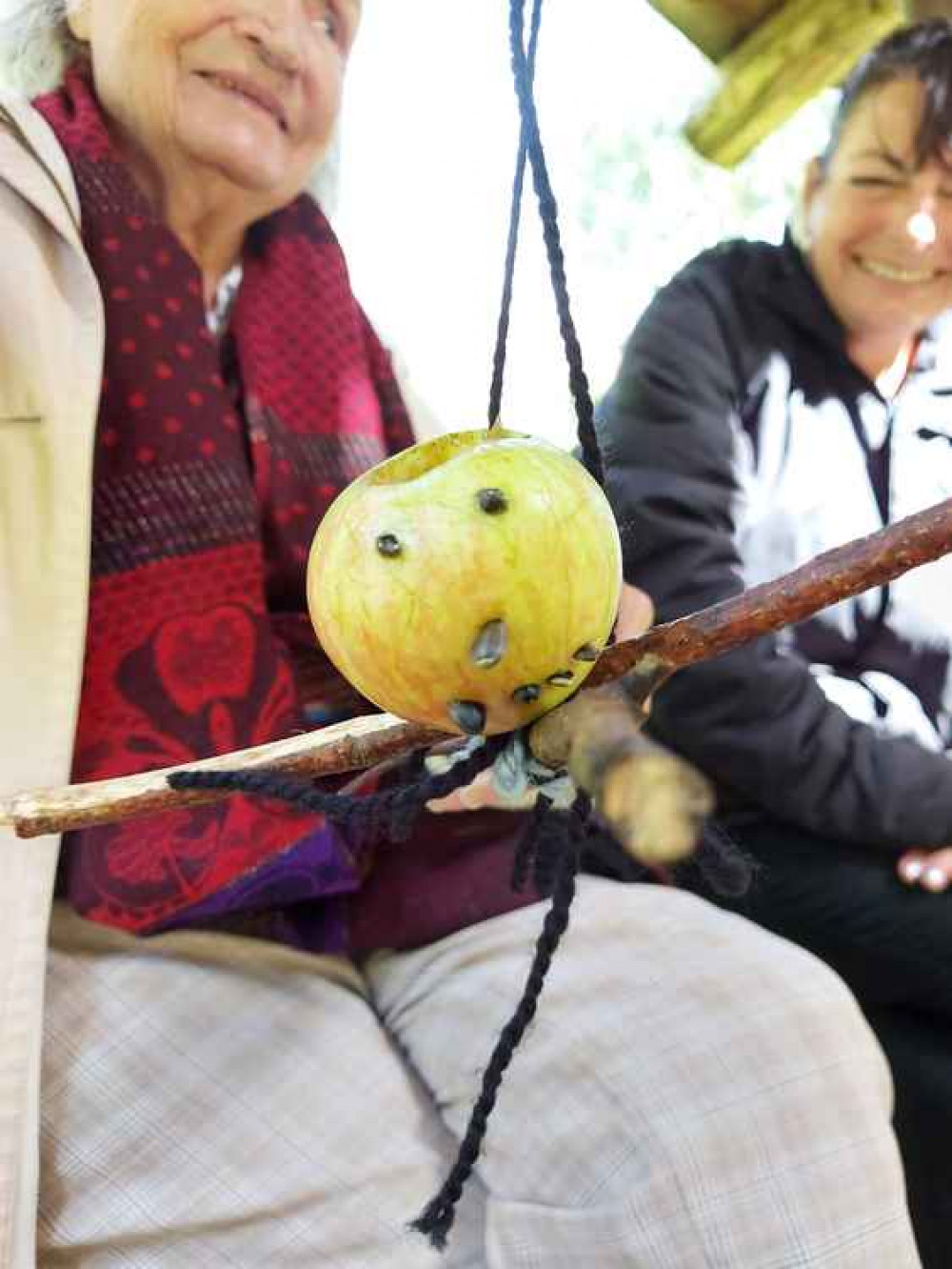 The Apple bird feeder – Sarah named him 'Alfred the Inebriated!'"