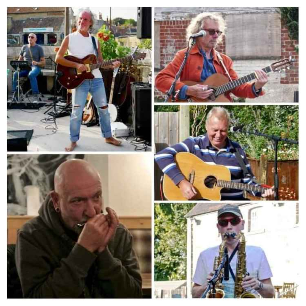 Five of The Tribe ( left to right David Goodman , Ray Bradfield, Carl Sutterby, Paul Kirtley and Jim Cook, bottom right).