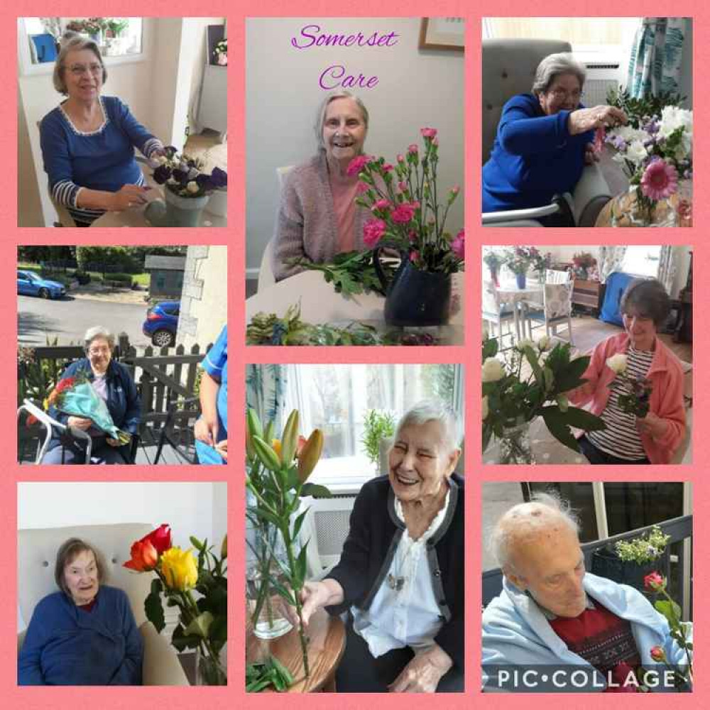 Some older residents enjoying the flower donations