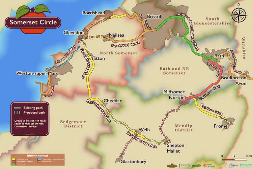 Map Of The Somerset Circle Route, Showing Completed And Planned Sections. CREDIT: The Strawberry Line. Free to use for all BBC wire partners.