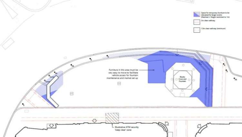 Within the Frome Town Council plans - the blue areas show possible placings for temporary furniture