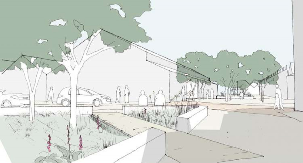 Image : Mayday Saxonvale . Illustrated View of Commercial Zone, Key Axis View from the Western Warehouse looking North