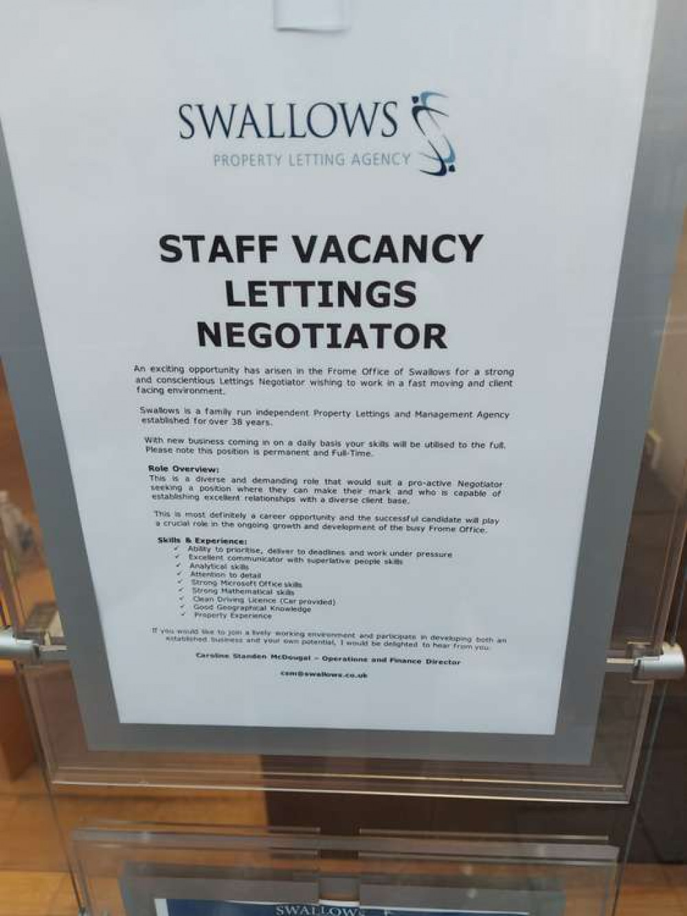 Swallows in Frome is looking for a full time lettings negotiator Swallows in Frome is looking for a full time lettings negotiator