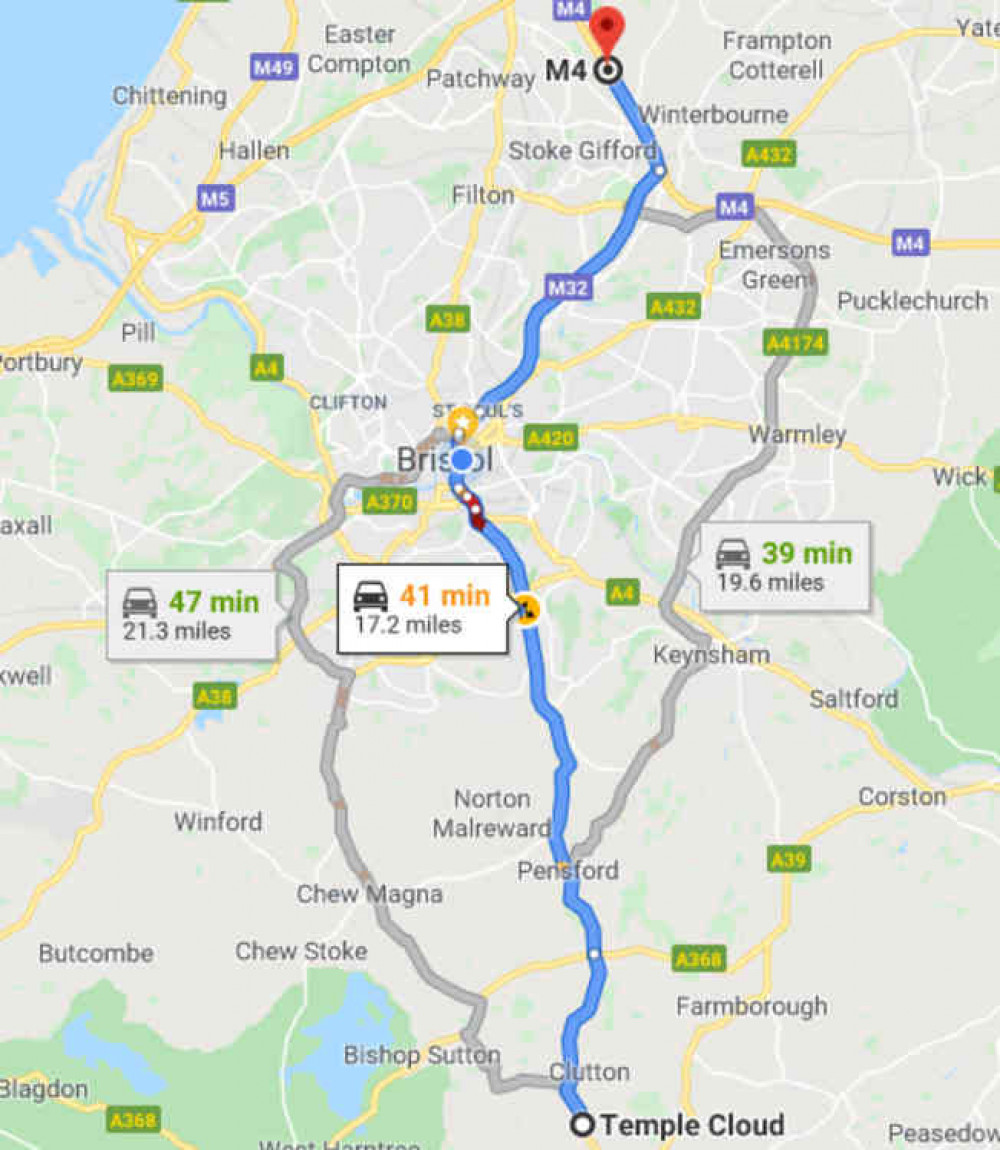 The most direct route to the M4 from Temple Cloud is through Bristol. Google