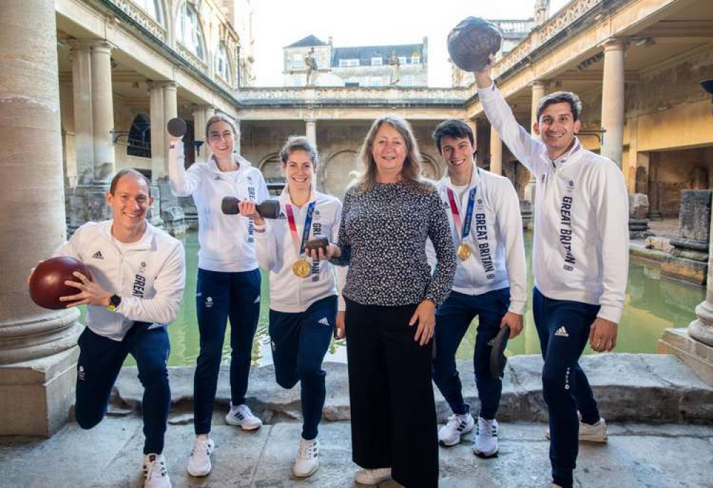 Councillor Dine Romero with the British Modern Pentathlon team, trying out some Roman games Councillor Dine Romero with the British Modern Pentathlon team, trying out some Roman games