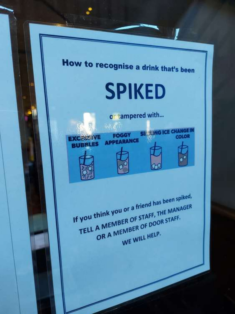 Nub News saw this sign now up in a pub in Midsomer Norton warning of what to look for if you think your drink has been spiked