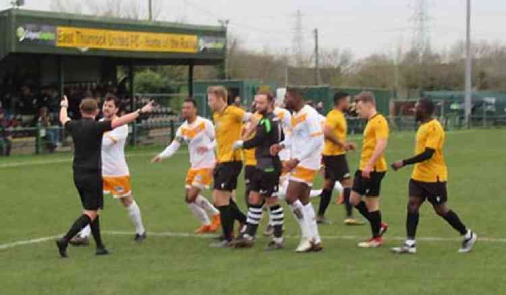 Referee Steven Marr gets set to dismiss Jordan Brown.