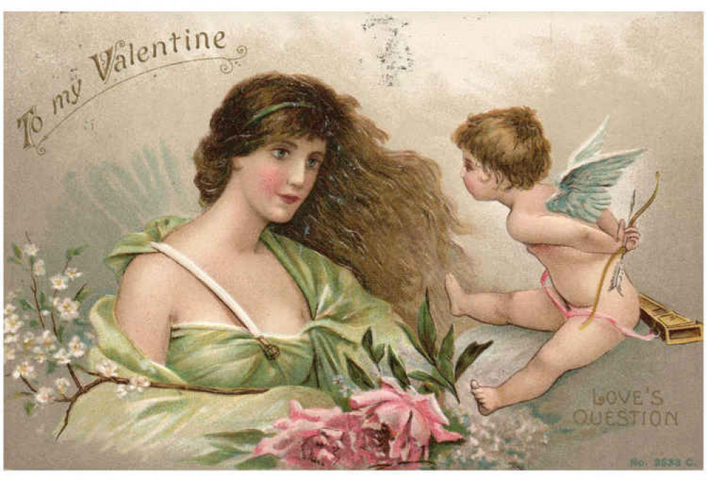 Cards first became popular in the 18th century. Cupid, Roman god of love, would become a popular feature of them for years. This card dates from 1912.