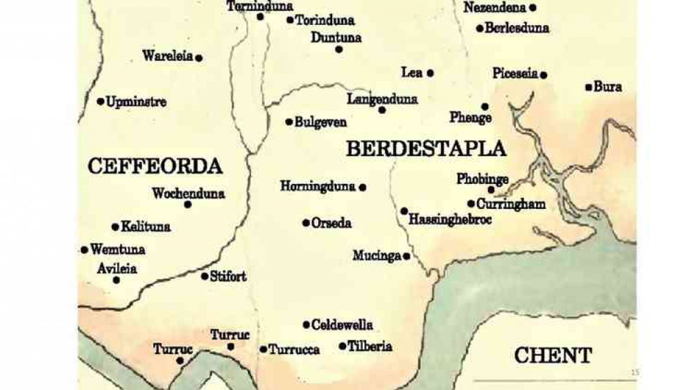 The Domesday map showing the Saxon names of the villages in the Barstable Hundred which includes Thurrock - part of Peter Watson's presentation.