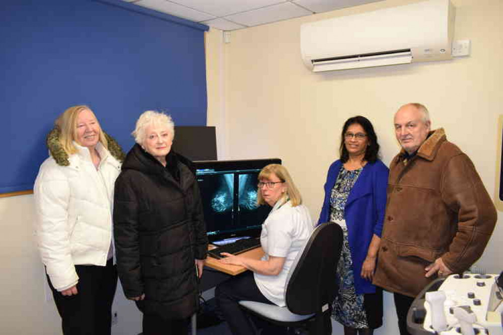 Margaret Berry and Monica Gardner – treasurer and secretary of The Christine Willett Trust, radiographer Jackie Mynheer, Dr Buddhika Jayasooriya and founder Colin Willett.