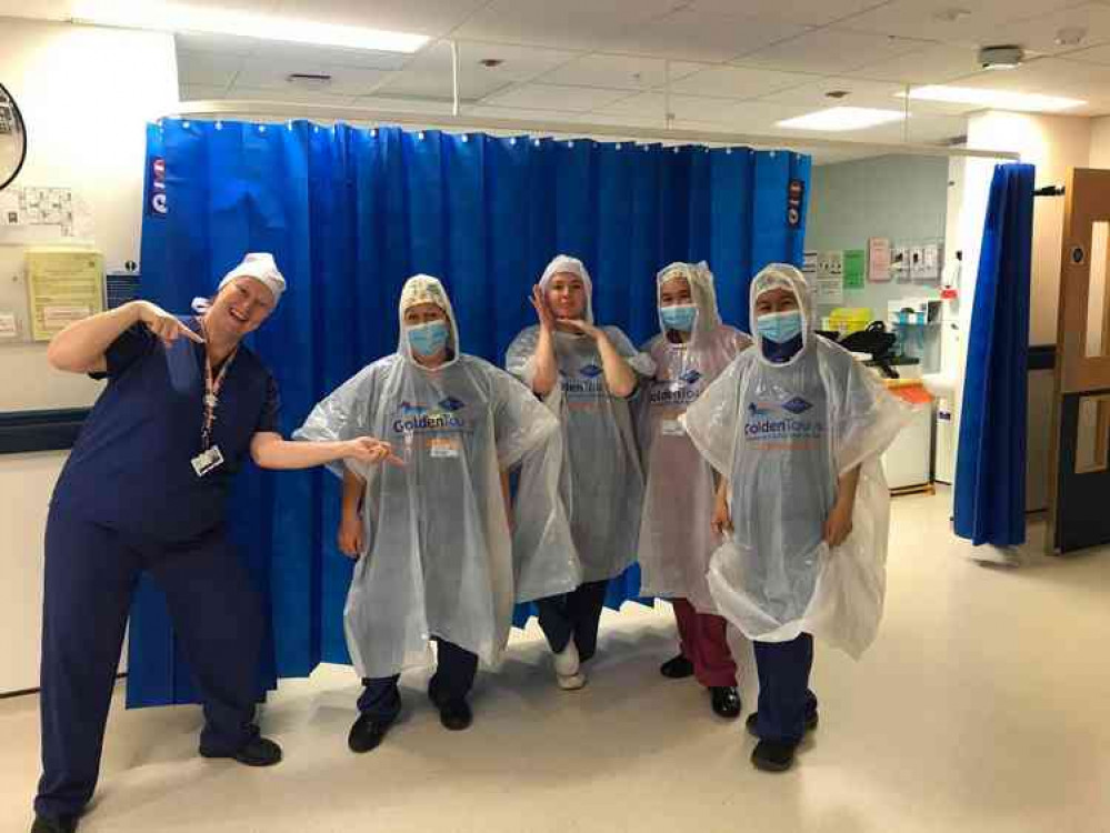 The Golden Tours ponchos delivered by Ensign were welcomed by hospital staff. The Golden Tours ponchos delivered by Ensign were welcomed by hospital staff.