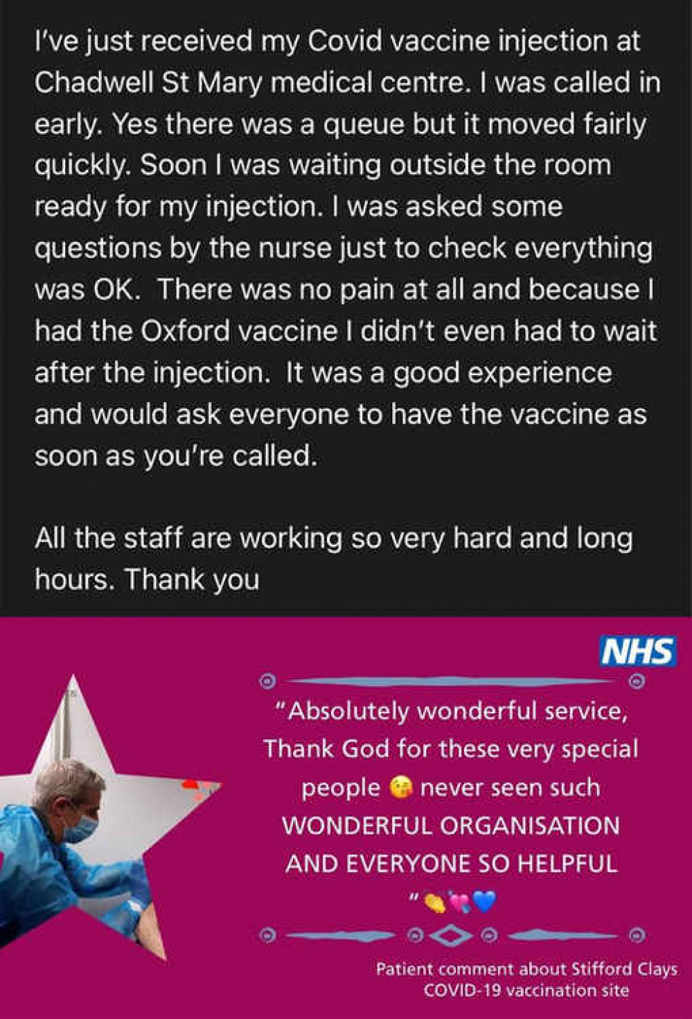 Praise for the service at Chadwell. Praise for the service at Chadwell.