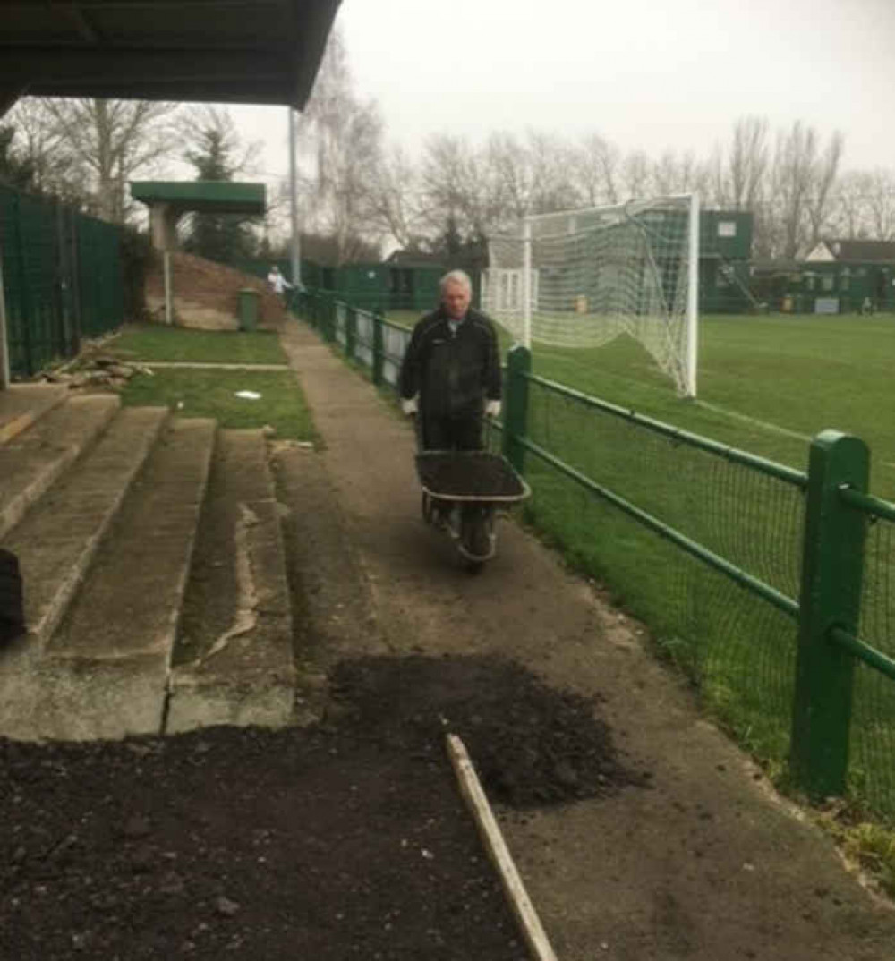 Barrow boy! Previous improvements at Rookery Hill were very much carried out by the club's members and volunteers, with manager John Coventry leading from the front. Here he helps lay new terracing to meet ground grading requirements.