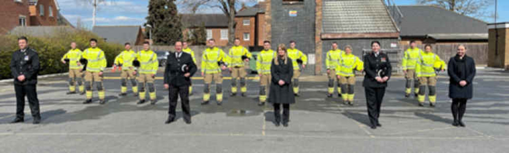 Front (from left): Station manager Dan Kirk, Service Training Centre; Paul Chipperfield, Head of Training; Jo Turton, Chief Fire Officer/Chief Exec;  Asst Ch Fire Officer Moira Bruin and Colette Black, Asst Chief Exec with new recruits