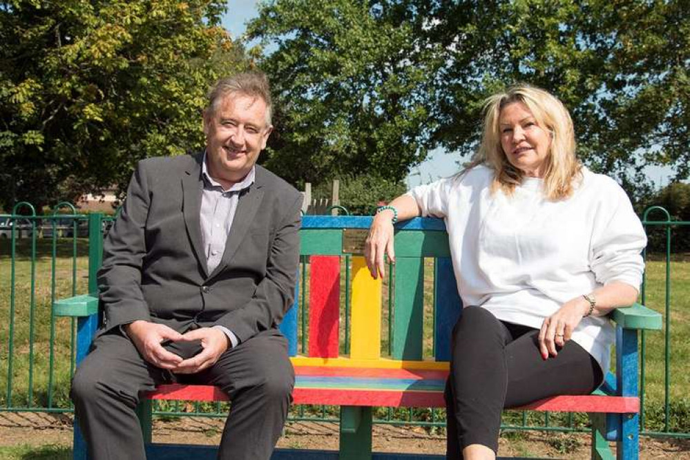 Somewhere over the rainbow - Orsett Forum's chair Angela Wilson and Kier project  director Steve Mack test out the new bench at Orsett Rec.  (Image David Hamilton)