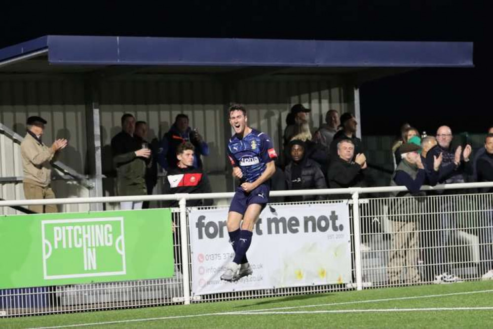 Tommy Anderson celebrates a goal for Aveley. Tommy Anderson celebrates a goal for Aveley.