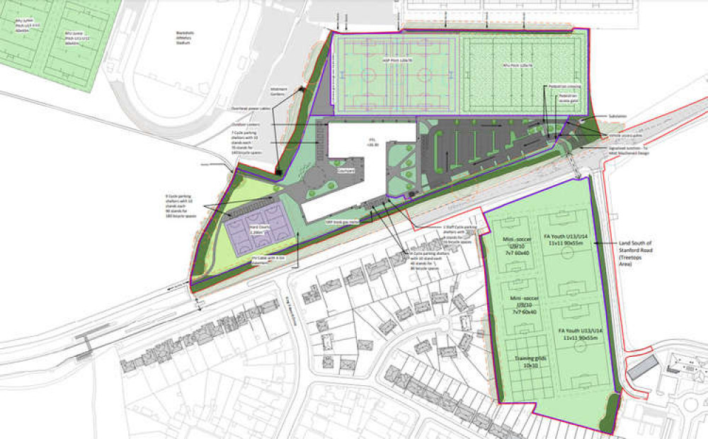 The school layout. Replacement pitches for the rugby club will be created on Blackshots playing fields (top left).