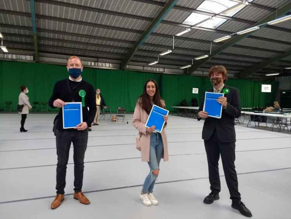 Newly elected Green Party councillors Jason Walsh (left), Emily Gleaves (centre), Harry Gorman (right)