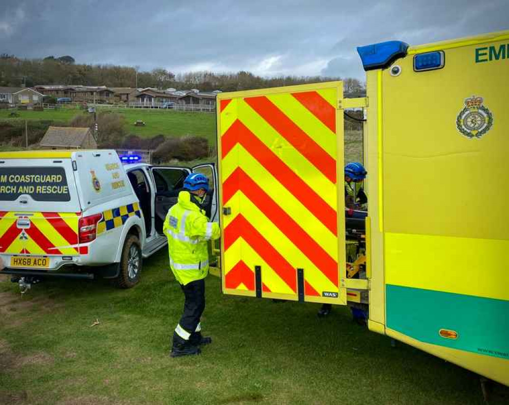 West Bay and Lyme Regis coastguard teams and the ambulance service rescue woman, 79, after she suffered suspected broken ankle after falling near Seatown Picture: West Bay Coastguard Rescue Team