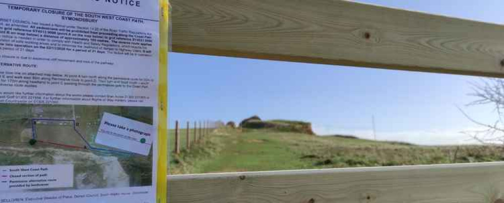 A section of coast path is closed near West Bay