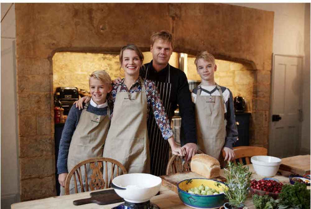 The Montagu family in the kitchen at Mapperton