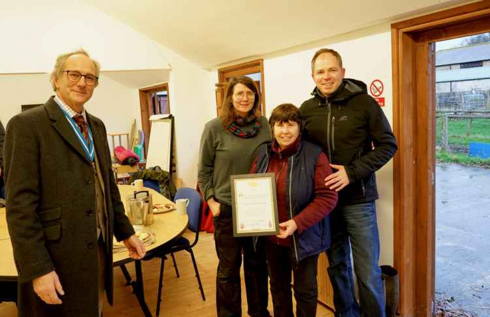 High Sheriff, George Streatfeild, with staff at the community: Mary Davies, Warden Rev Sue Langdon and Frantisek Sindelka