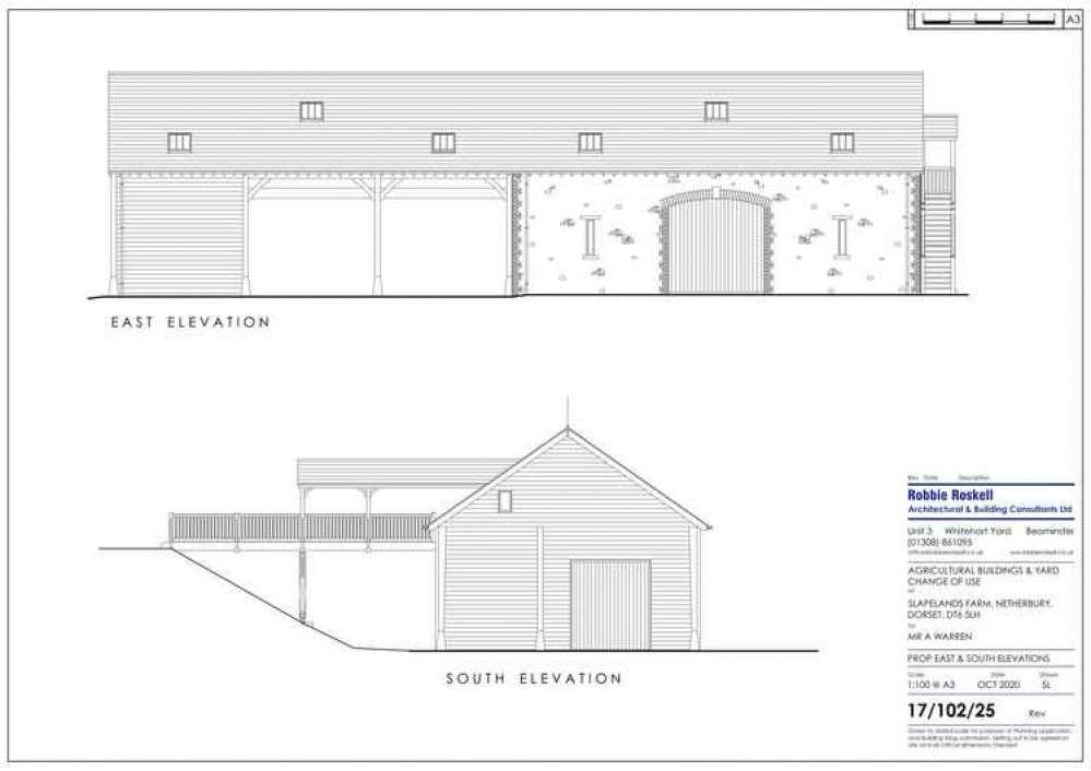 East and south elevations of the agricultural building