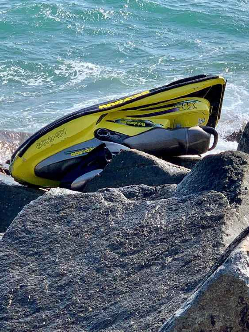 The jet ski on the rocks Picture: West Bay Coastguard