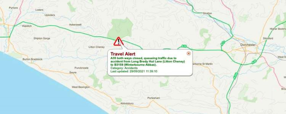 Crash on A35 between Bridport and Dorchester Crash on A35 between Bridport and Dorchester