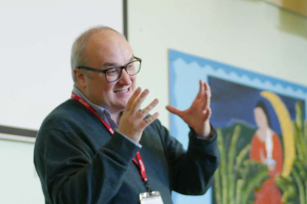 Author Dominic Sandbrook talks to schoolchildren while in town for Bridport Literary Festival