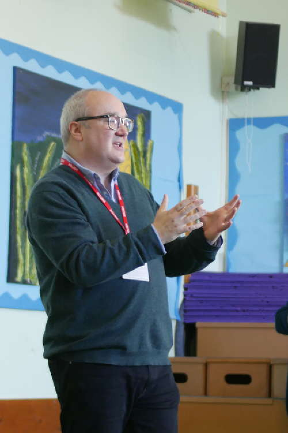 Author Dominic Sandbrook talks to schoolchildren while in town for Bridport Literary Festival