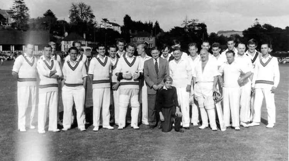 Uplyme Cricket Club pictured in the 1960s at a testimonial for Somerset County Cricket Club. The Somerset players include Bill Alley and Peter White. Uplyme players include Paul Apanasewicz, Jim Stone, Jim Draper, Bob Mason and Ray Lewis. The mascot is a