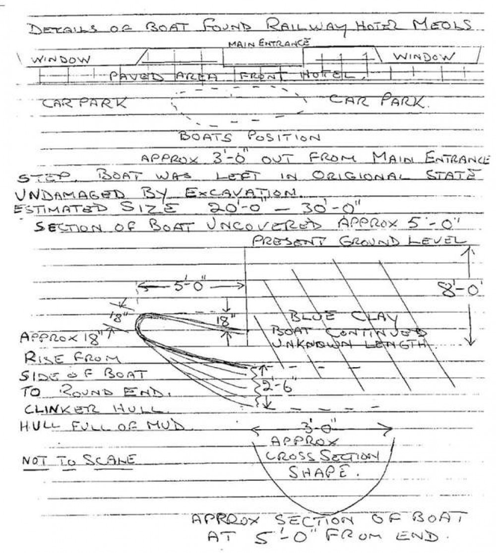 A sketch of the clinker boat's location, made years later by one of the builders who unearthed it