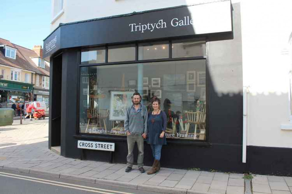 Tom and Emily Gladstone outside the new Triptych Gallery in Seaton