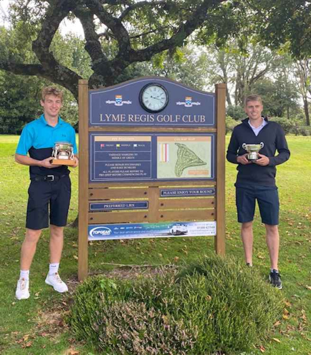Barnaby Down, left, with the Wellings Bowl and (right) club champion Scott Love with the Williams Bowl. Barnaby Down, left, with the Wellings Bowl and (right) club champion Scott Love with the Williams Bowl.