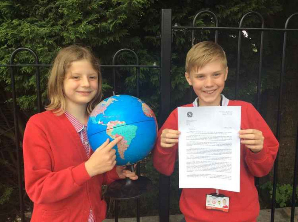 Head Girl, Amelia Banks (11), and Head Boy, Wilson Gardner, (11), receiving the letter on behalf of Buglawton Primary School Year 6 pupils. Head Girl, Amelia Banks (11), and Head Boy, Wilson Gardner, (11), receiving the letter on behalf of Buglawton Primary School Year 6 pupils.