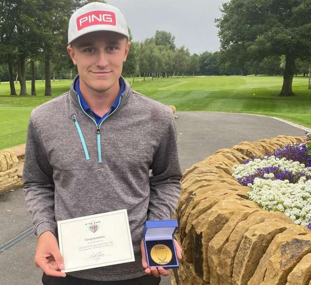 Sam at Astbury with the Faldo Junior Series medal and certificate he won in Derbyshire.