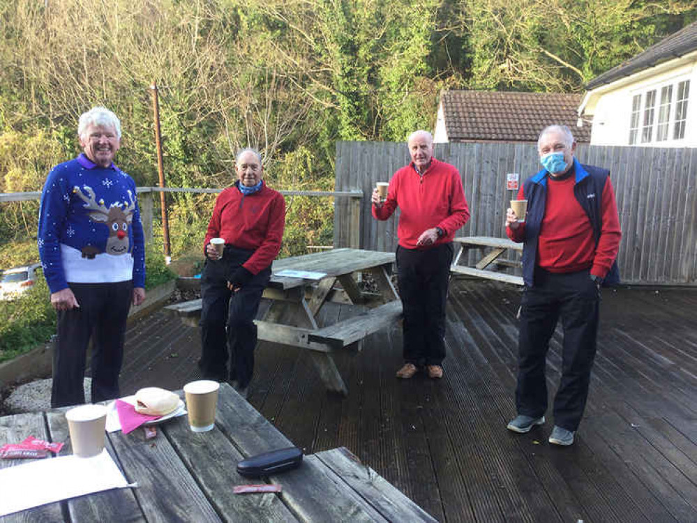 Competitors in the Albert Skinner trophy: (left to right) captain-elect John Hanna, Gilbert Cox, captain  Rob Grove and handicap wizard Chris Walker. They observed the social distancing and all the drinks were non alcoholic