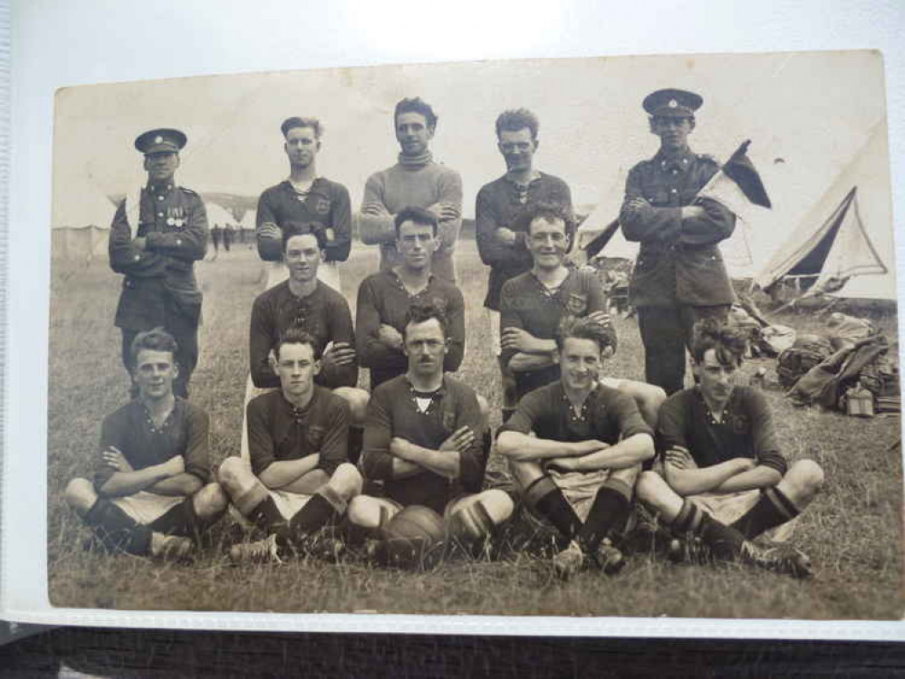 This is George Moulding playing football for an Army team in the First World War. My grandfather is top row second from the right" This is George Moulding playing football for an Army team in the First World War. My grandfather is top row second from the right"