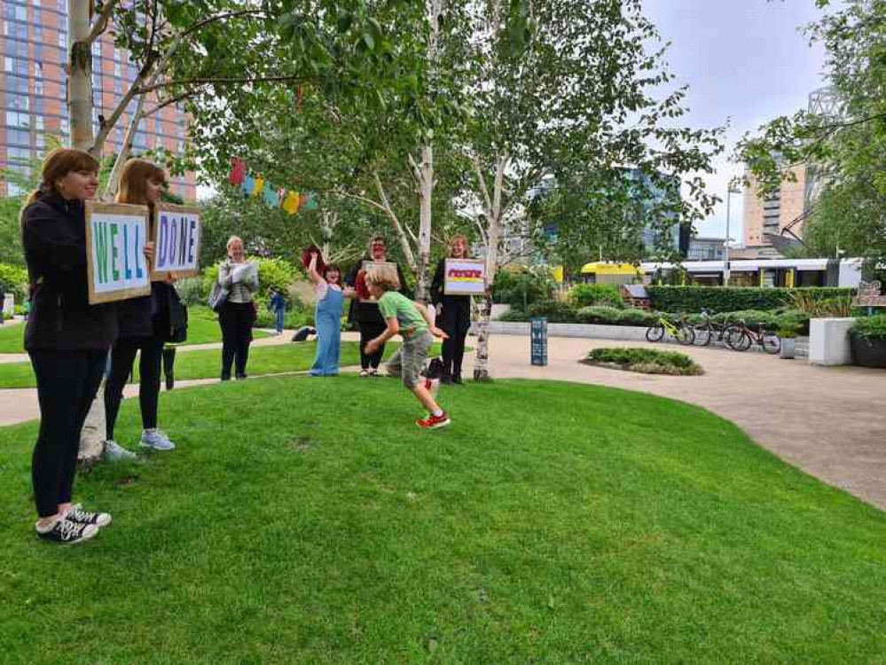 George crossed the finish line of his month long at Salford Quays. George crossed the finish line of his month long at Salford Quays.